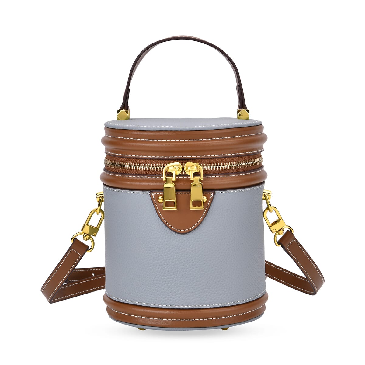 Blue with Tan Genuine Leather Cylinder Shape Small Crossbody Bag with Detachable Shoulder Strap image number 0