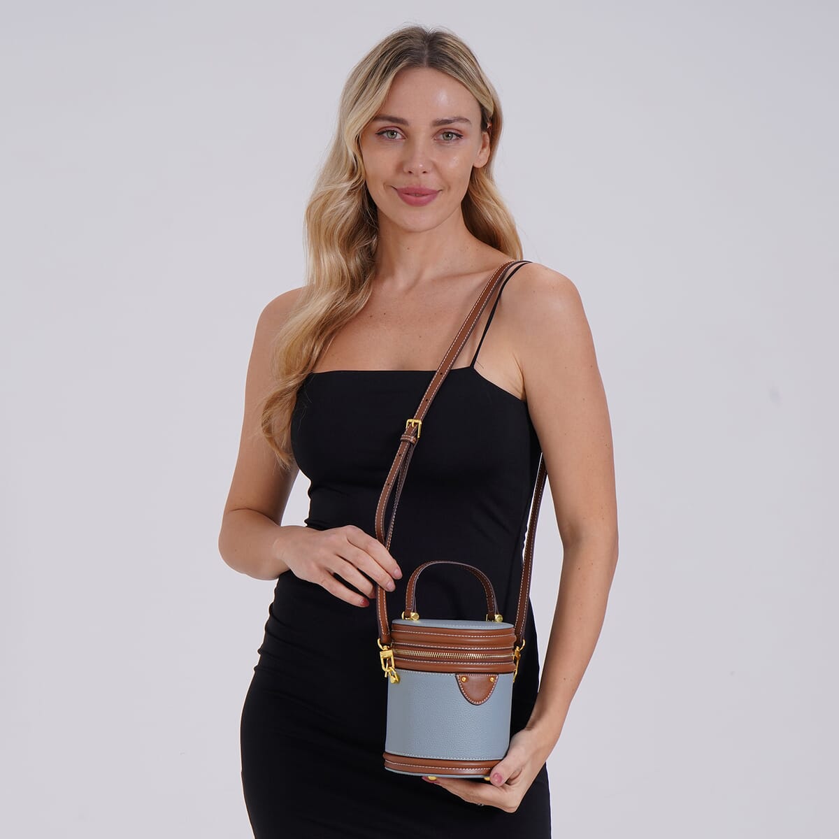 Blue with Tan Genuine Leather Cylinder Shape Small Crossbody Bag with Detachable Shoulder Strap image number 1