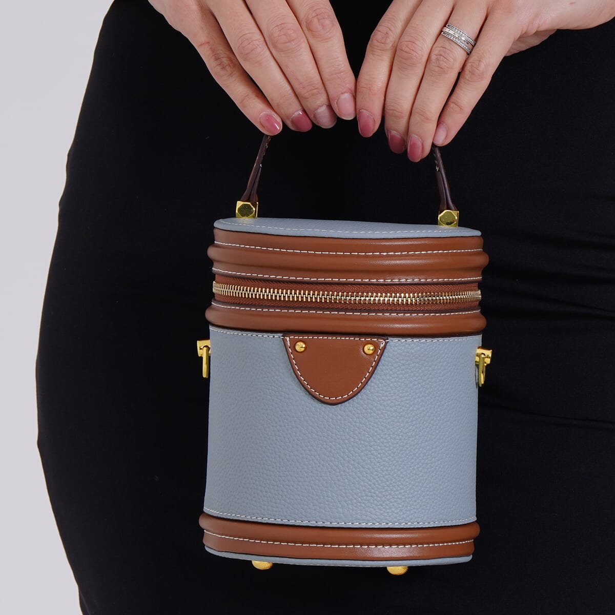 Blue with Tan Genuine Leather Cylinder Shape Small Crossbody Bag with Detachable Shoulder Strap image number 2
