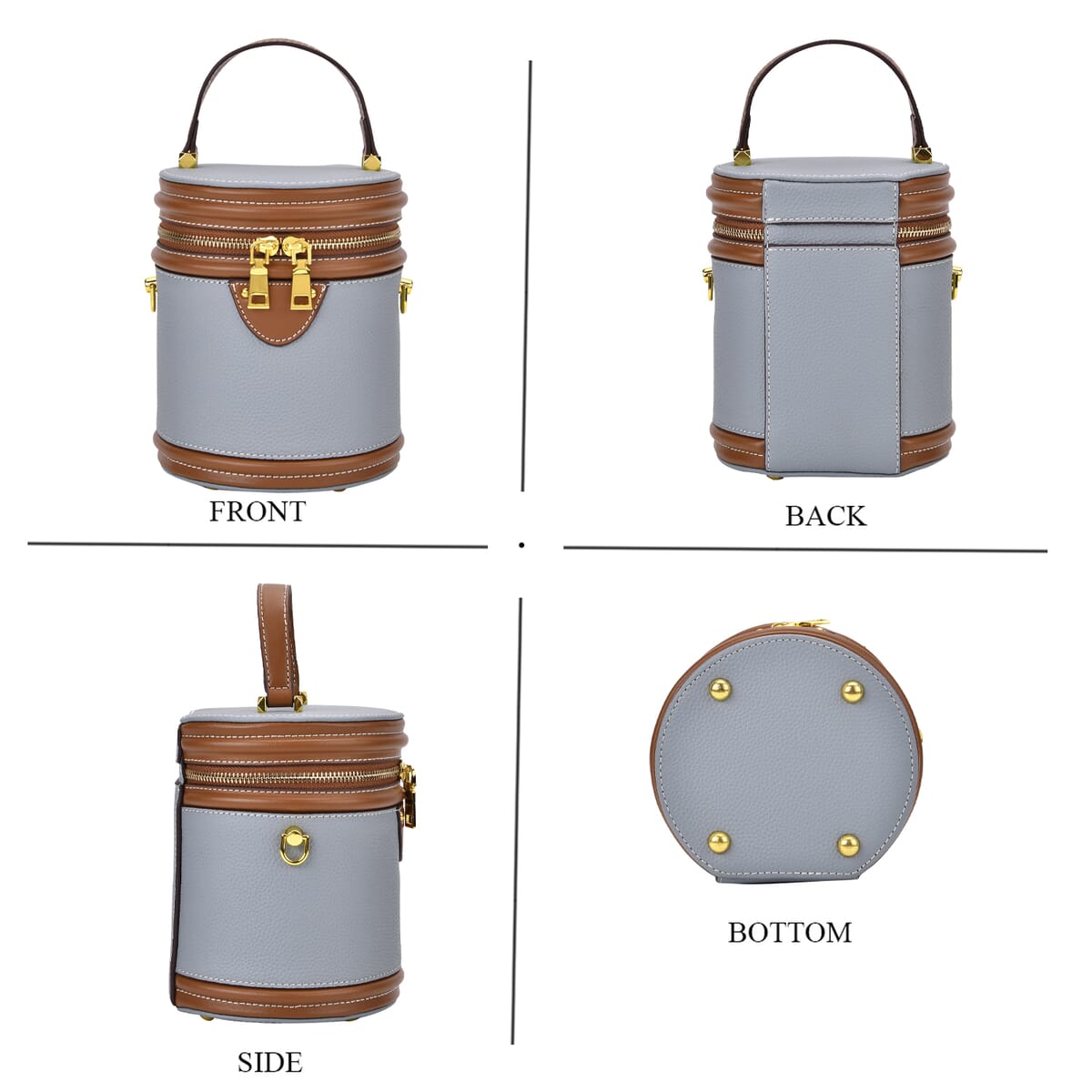 Blue with Tan Genuine Leather Cylinder Shape Small Crossbody Bag with Detachable Shoulder Strap image number 3