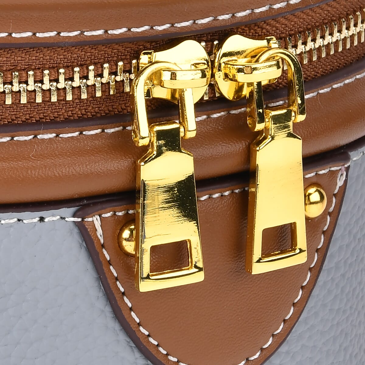 Blue with Tan Genuine Leather Cylinder Shape Small Crossbody Bag with Detachable Shoulder Strap image number 5