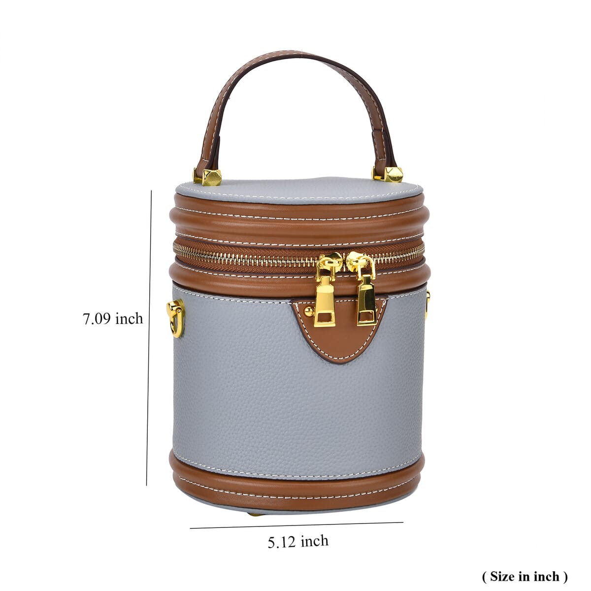 Blue with Tan Genuine Leather Cylinder Shape Small Crossbody Bag with Detachable Shoulder Strap image number 6