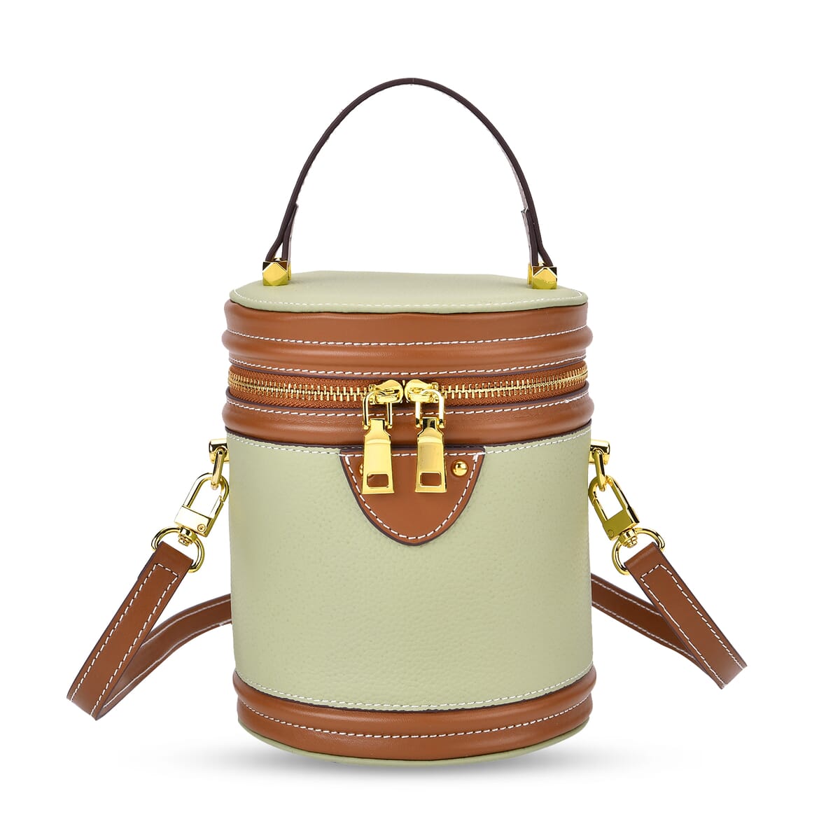 White with Tan Genuine Leather Cylinder Shape Small Crossbody Bag (5.12"x5.12"x7.09") with Detachable Shoulder Strap image number 0