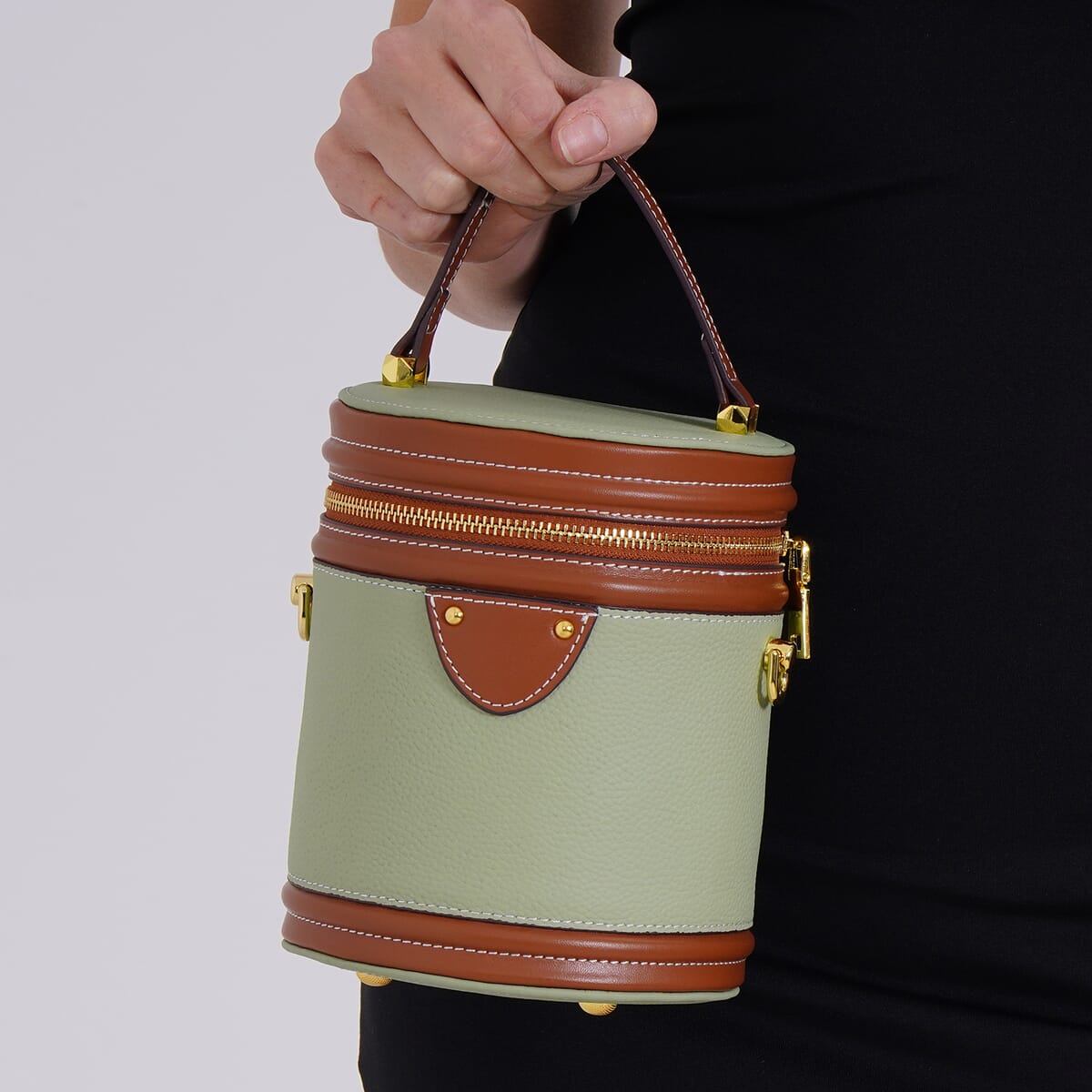 White with Tan Genuine Leather Cylinder Shape Small Crossbody Bag (5.12"x5.12"x7.09") with Detachable Shoulder Strap image number 2