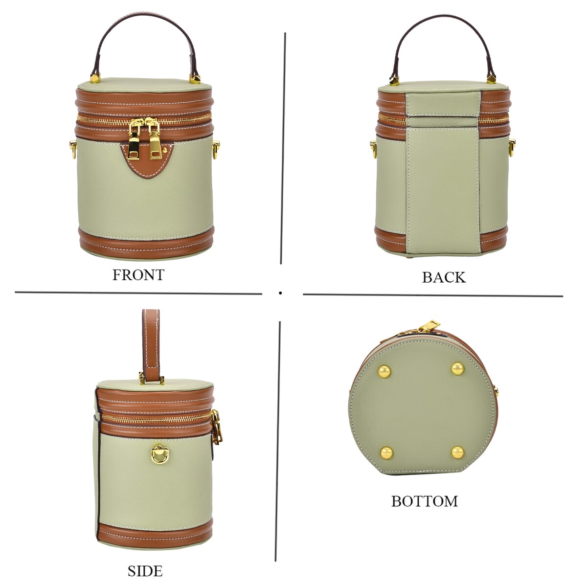 White with Tan Genuine Leather Cylinder Shape Small Crossbody Bag (5.12"x5.12"x7.09") with Detachable Shoulder Strap image number 3