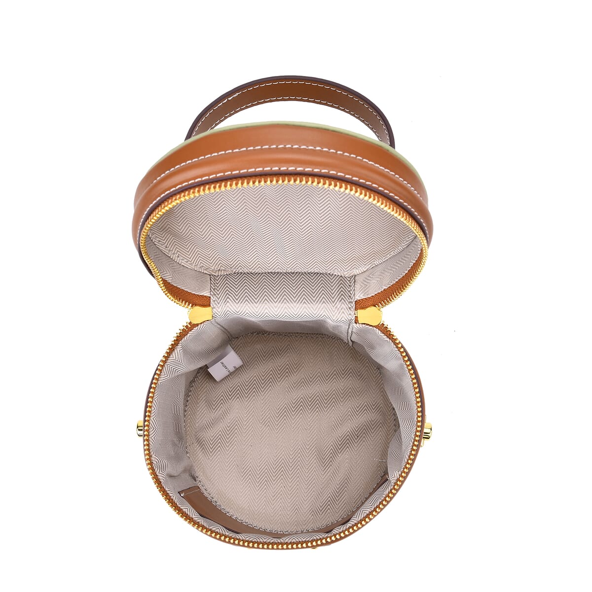 White with Tan Genuine Leather Cylinder Shape Small Crossbody Bag (5.12"x5.12"x7.09") with Detachable Shoulder Strap image number 4
