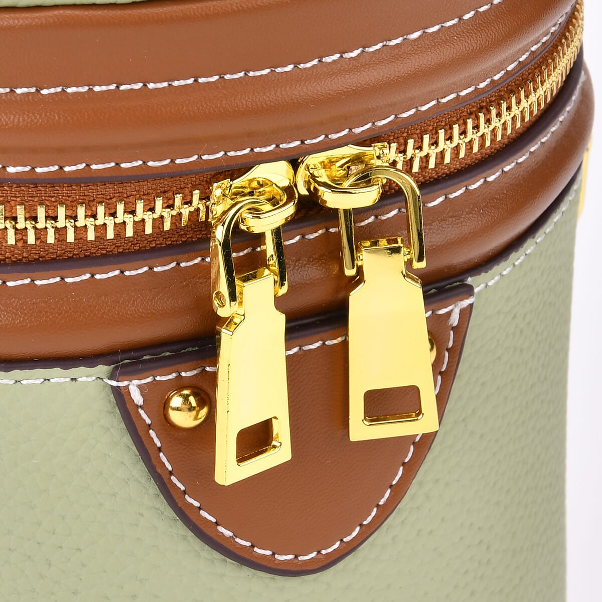 White with Tan Genuine Leather Cylinder Shape Small Crossbody Bag (5.12"x5.12"x7.09") with Detachable Shoulder Strap image number 5