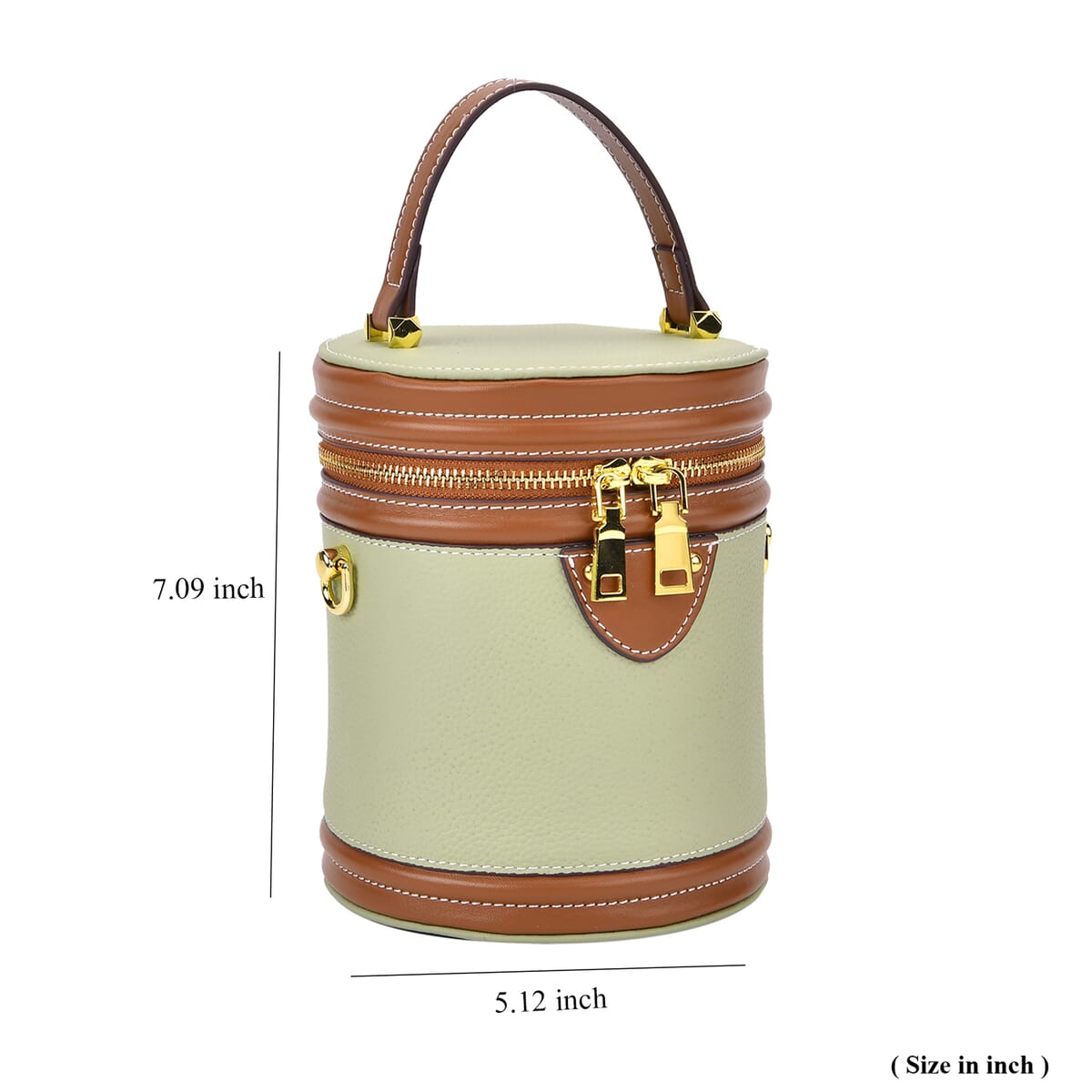 White with Tan Genuine Leather Cylinder Shape Small Crossbody Bag (5.12"x5.12"x7.09") with Detachable Shoulder Strap image number 6