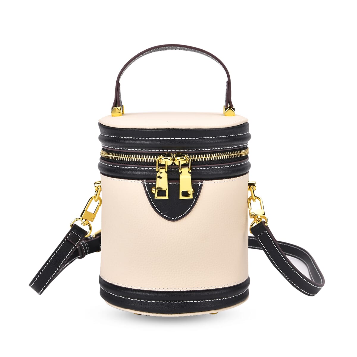 White with Black Genuine Leather Cylinder Shape Small Crossbody Bag with Detachable Shoulder Strap image number 0