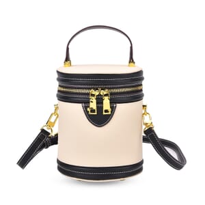 White with Black Genuine Leather Cylinder Shape Small Crossbody Bag with Detachable Shoulder Strap