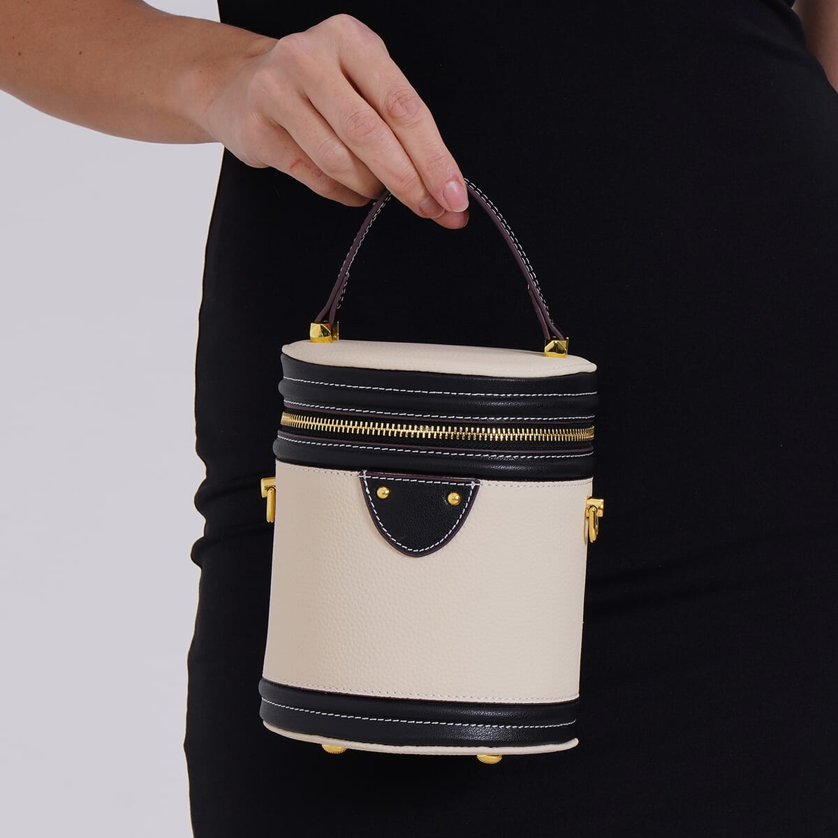 White with Black Genuine Leather Cylinder Shape Small Crossbody Bag with Detachable Shoulder Strap image number 2