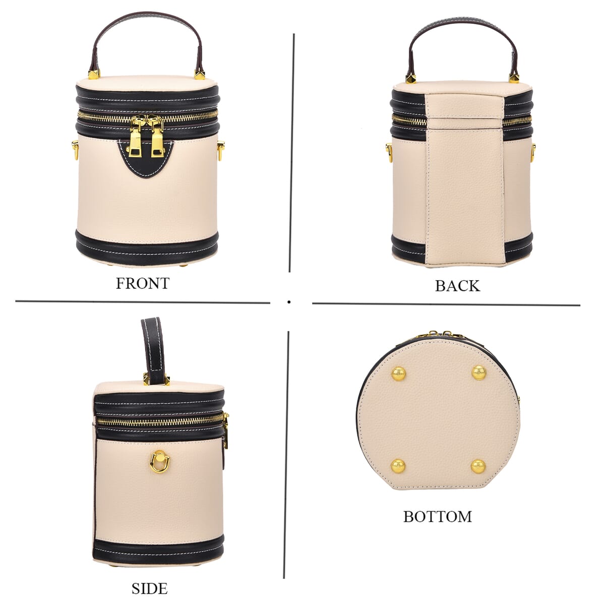 White with Black Genuine Leather Cylinder Shape Small Crossbody Bag with Detachable Shoulder Strap image number 3