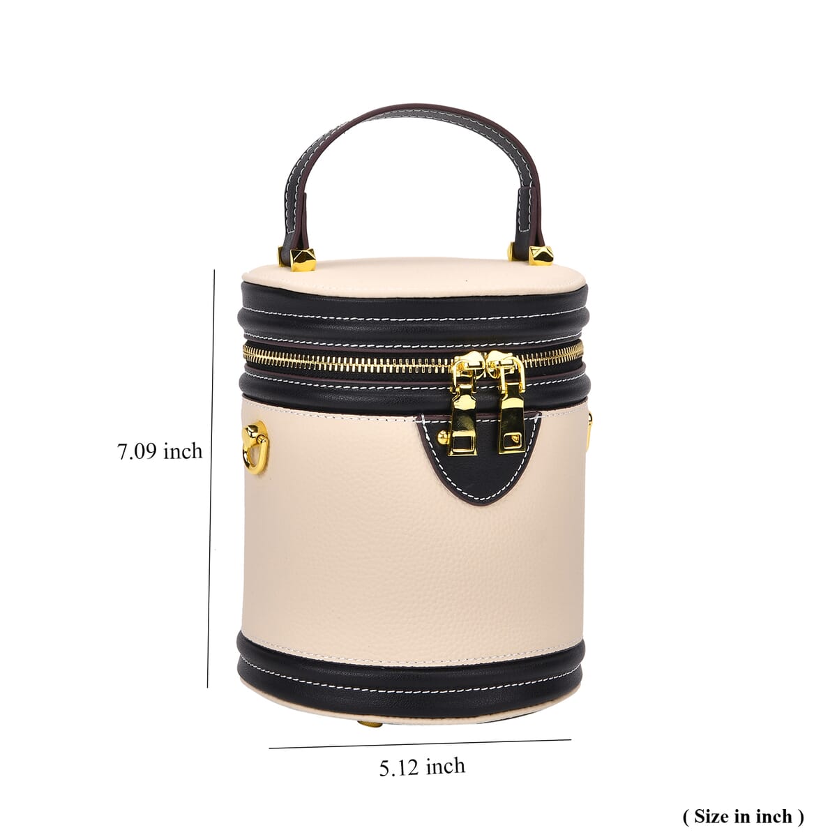 White with Black Genuine Leather Cylinder Shape Small Crossbody Bag with Detachable Shoulder Strap image number 6