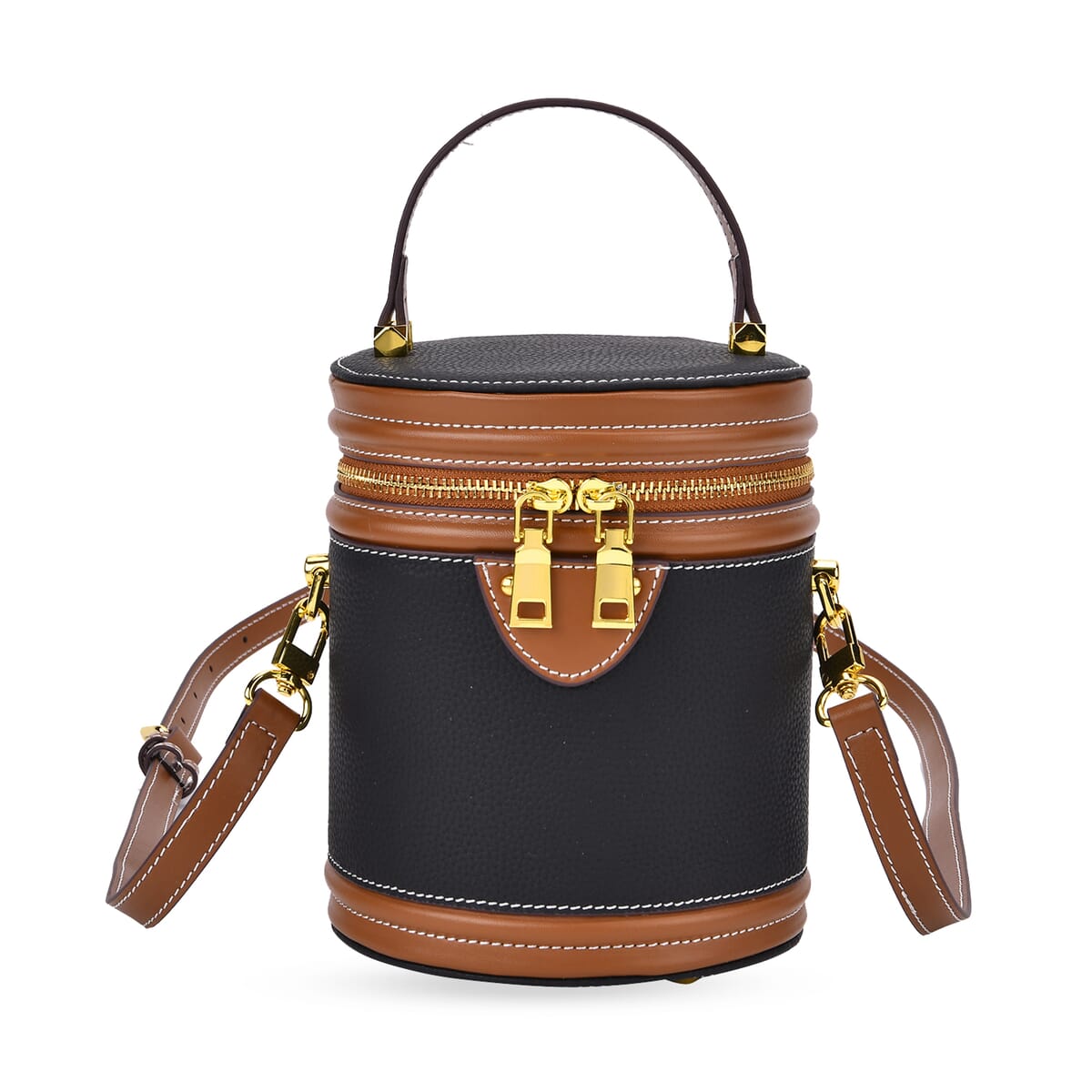 Black with Coffee Genuine Leather Cylinder Shape Small Crossbody Bag with Detachable Shoulder Strap image number 0