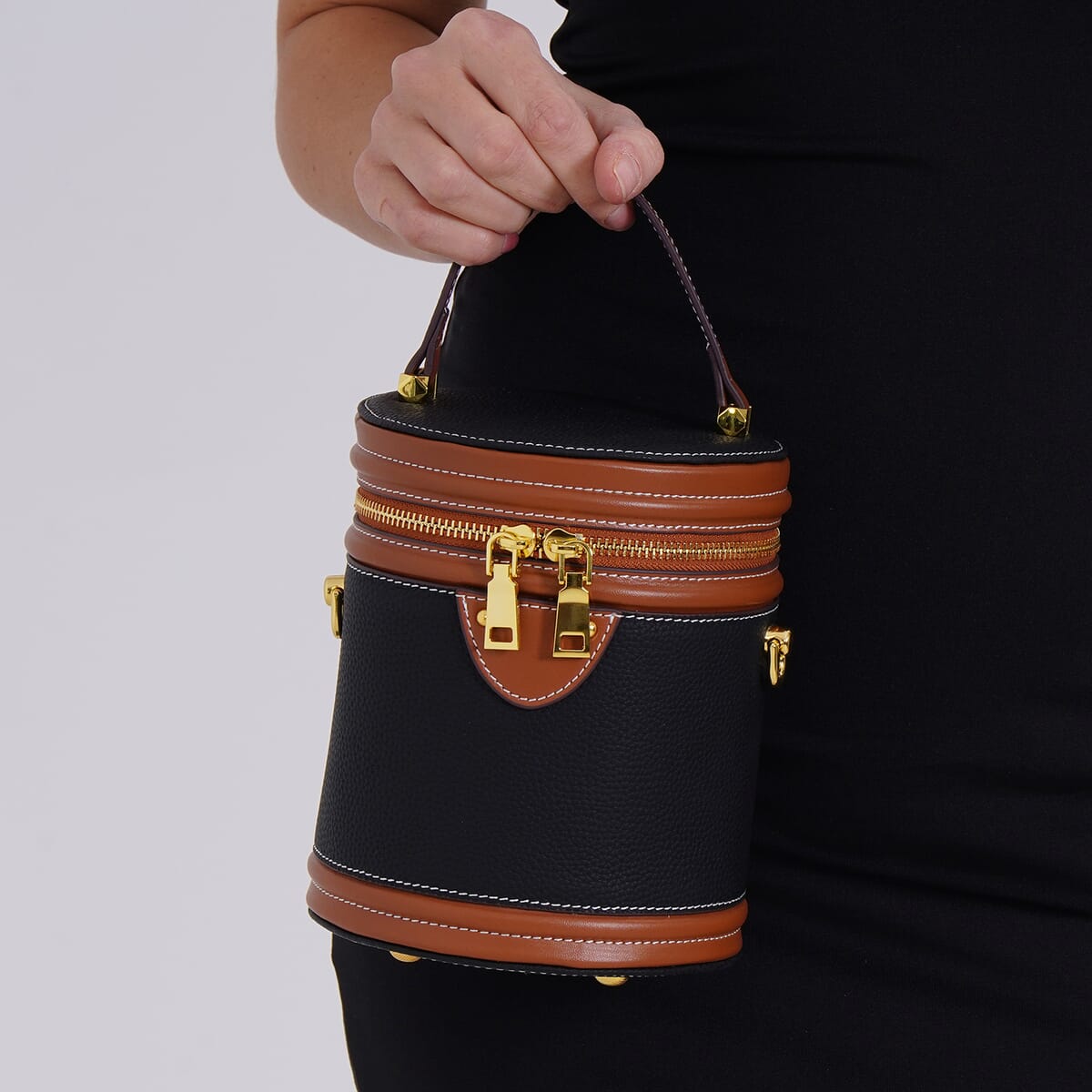 Black with Coffee Genuine Leather Cylinder Shape Small Crossbody Bag with Detachable Shoulder Strap image number 2