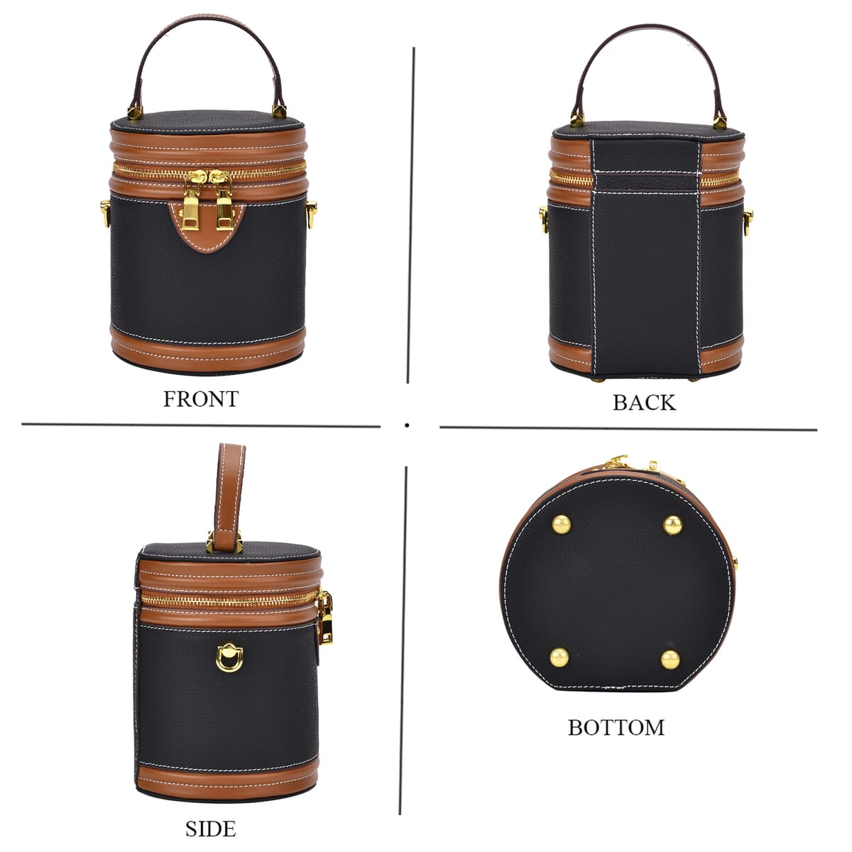Black with Coffee Genuine Leather Cylinder Shape Small Crossbody Bag with Detachable Shoulder Strap image number 3