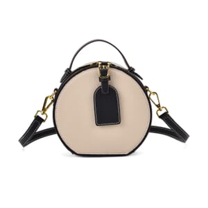White with Black Chic Round Genuine Leather Crossbody Bag with Detachable Shoulder Strap