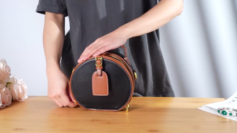 White with Black Chic Round Genuine Leather Crosbody Bag (4.33"x3.15"x5.9") with Detachable Shoulder Strap