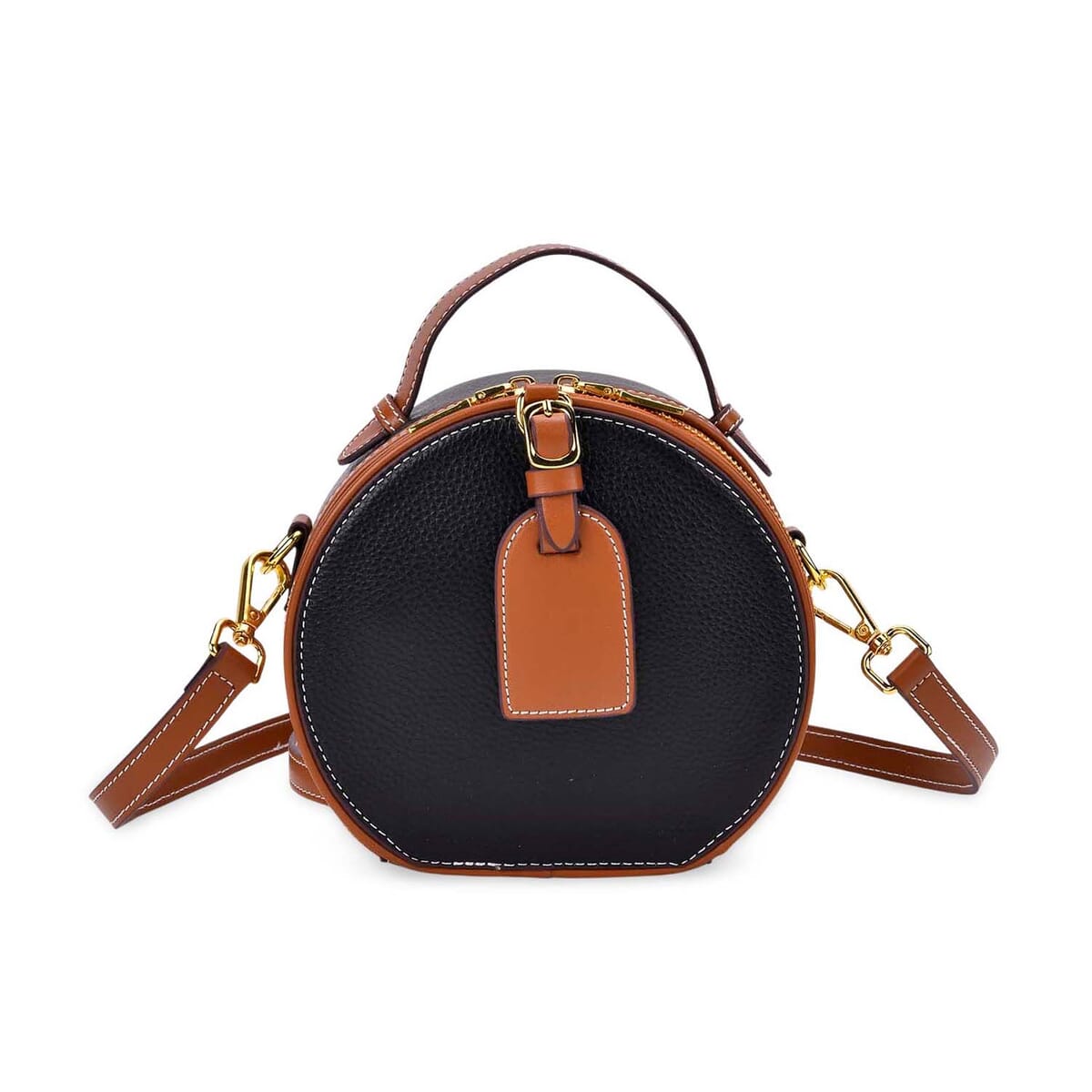 Black with Tan Chic Round Genuine Leather Crossbody Bag with Detachable Shoulder Strap image number 0
