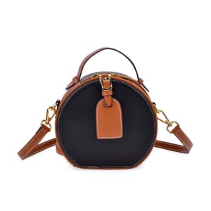 Black with Tan Chic Round Genuine Leather Crossbody Bag with Detachable Shoulder Strap