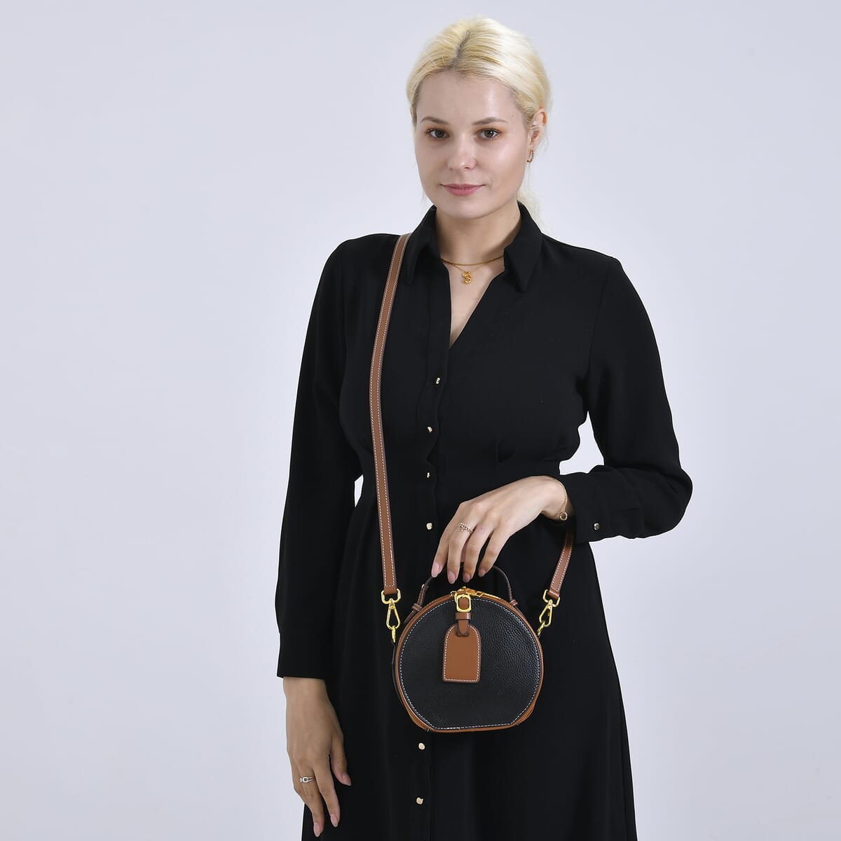 Black with Tan Chic Round Genuine Leather Crossbody Bag with Detachable Shoulder Strap image number 1