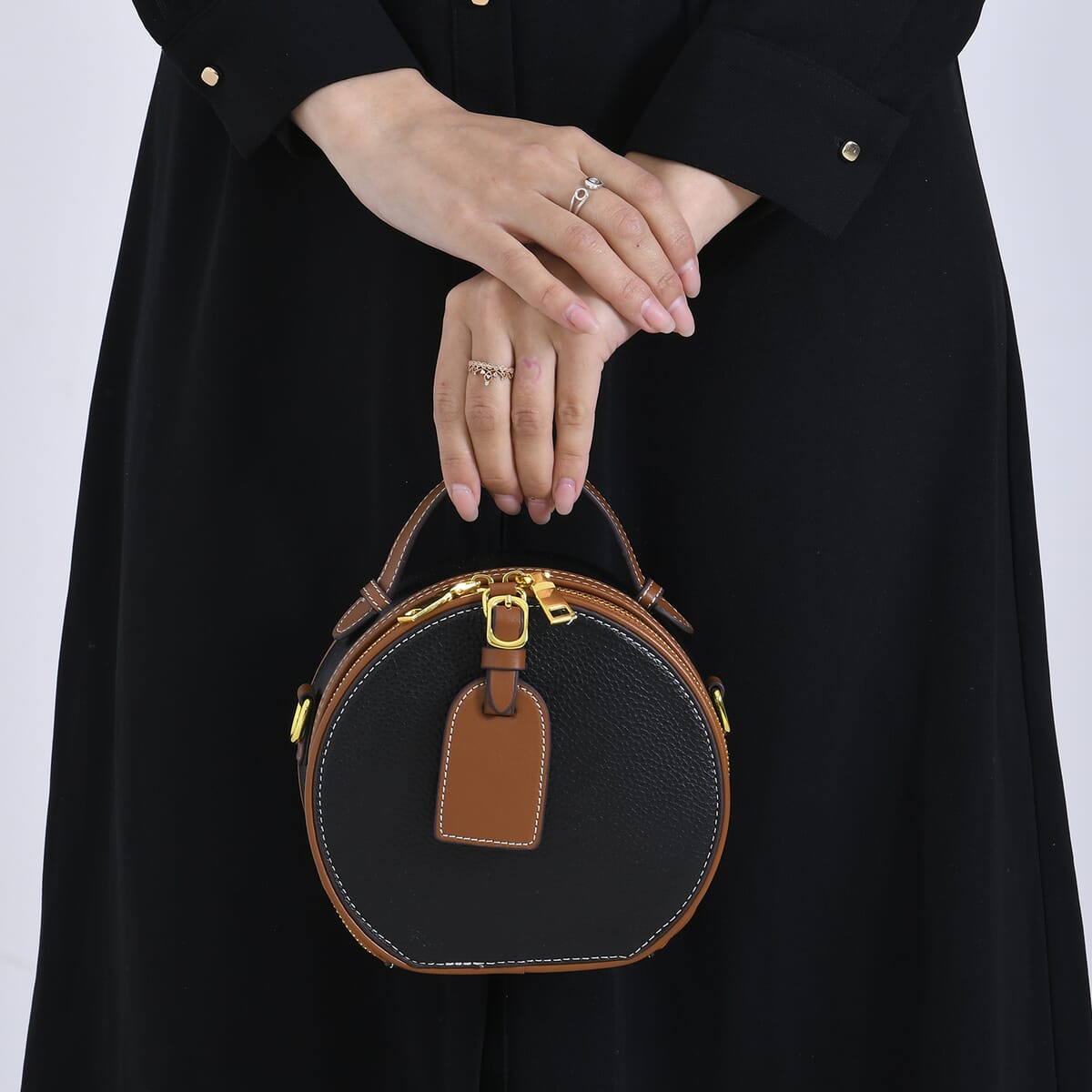 Black with Tan Chic Round Genuine Leather Crossbody Bag with Detachable Shoulder Strap image number 2