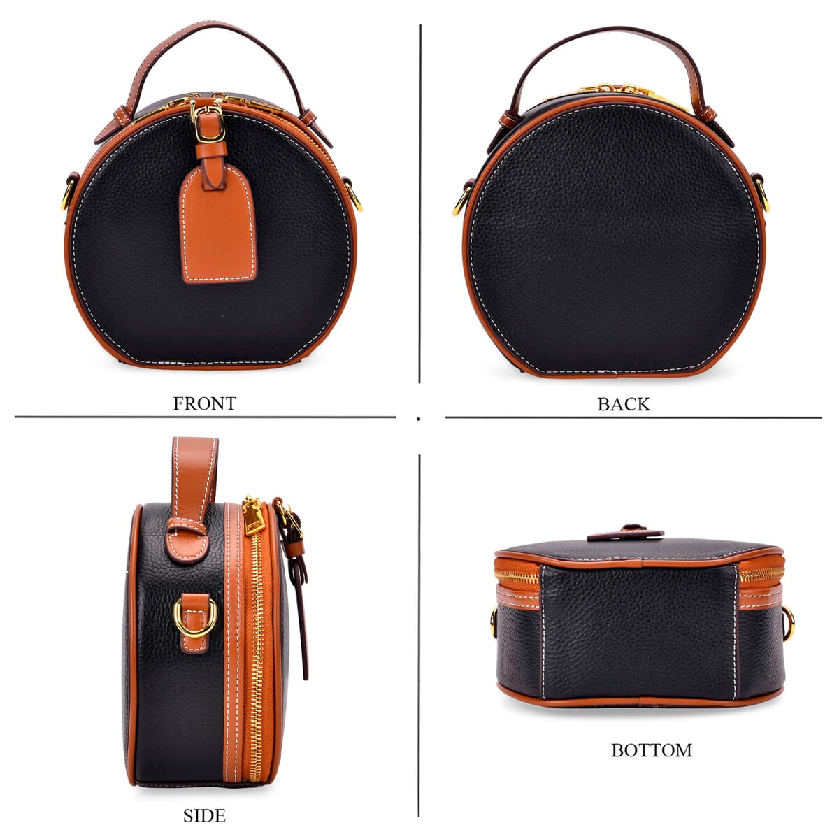 Black with Tan Chic Round Genuine Leather Crossbody Bag with Detachable Shoulder Strap image number 3