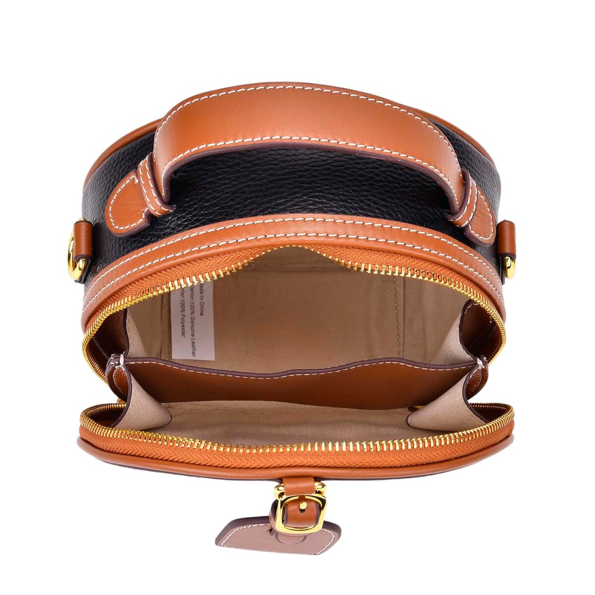 Black with Tan Chic Round Genuine Leather Crossbody Bag with Detachable Shoulder Strap image number 4