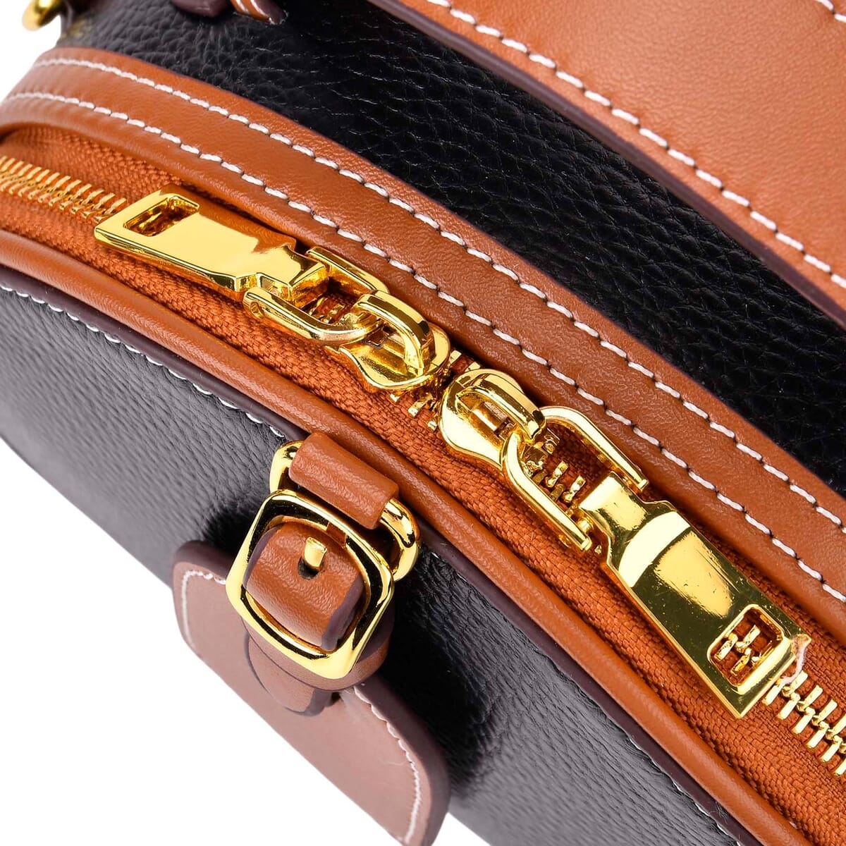 Black with Tan Chic Round Genuine Leather Crossbody Bag with Detachable Shoulder Strap image number 5