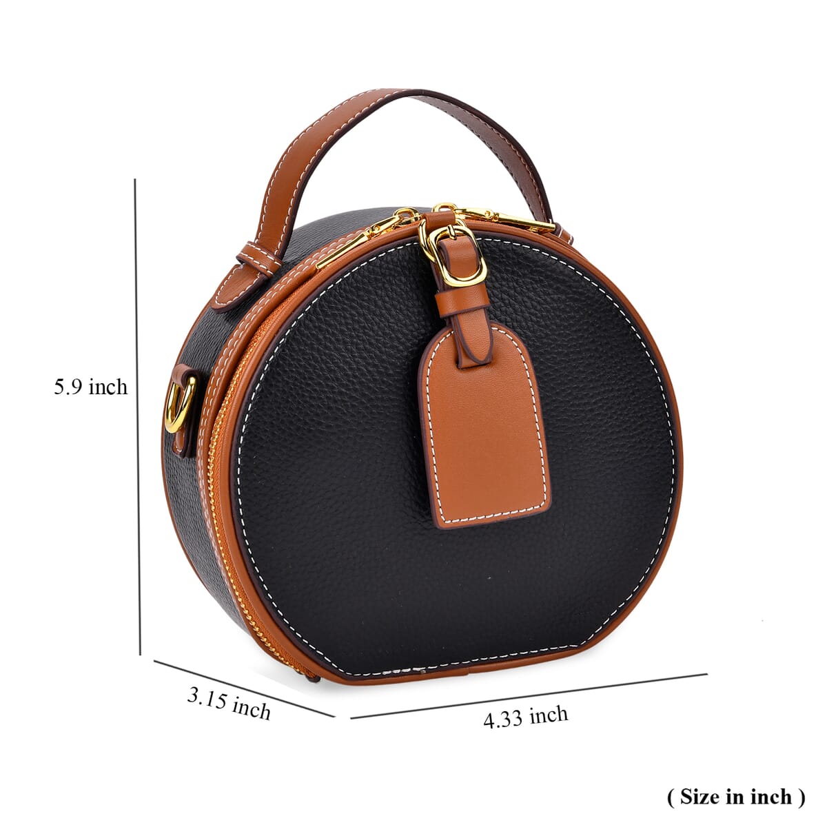 Black with Tan Chic Round Genuine Leather Crossbody Bag with Detachable Shoulder Strap image number 6