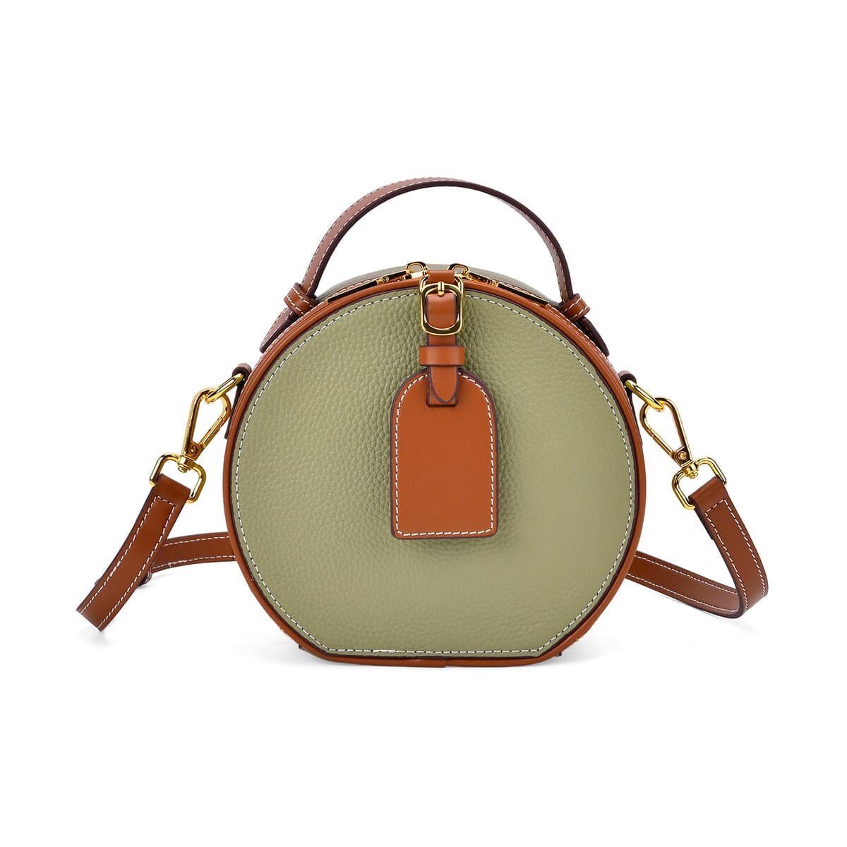 Olive with Tan Chic Round Genuine Leather Crossbody Bag with Detachable Shoulder Strap image number 0
