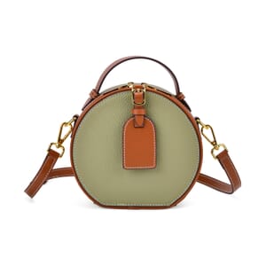Olive with Tan Chic Round Genuine Leather Crossbody Bag with Detachable Shoulder Strap