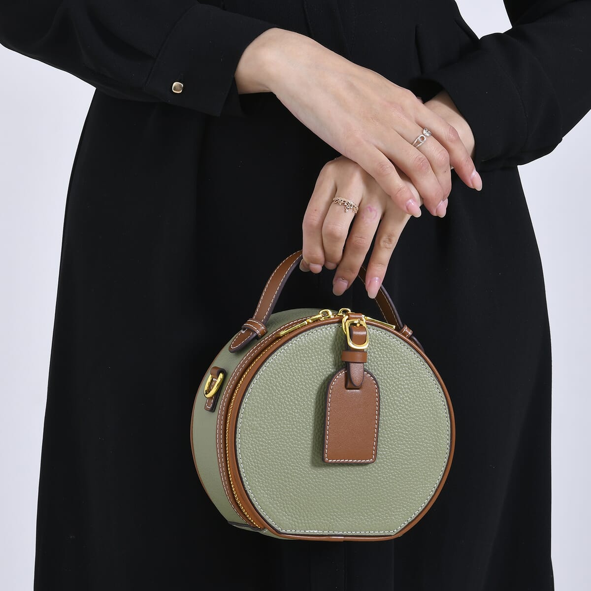 Olive with Tan Chic Round Genuine Leather Crossbody Bag with Detachable Shoulder Strap image number 2