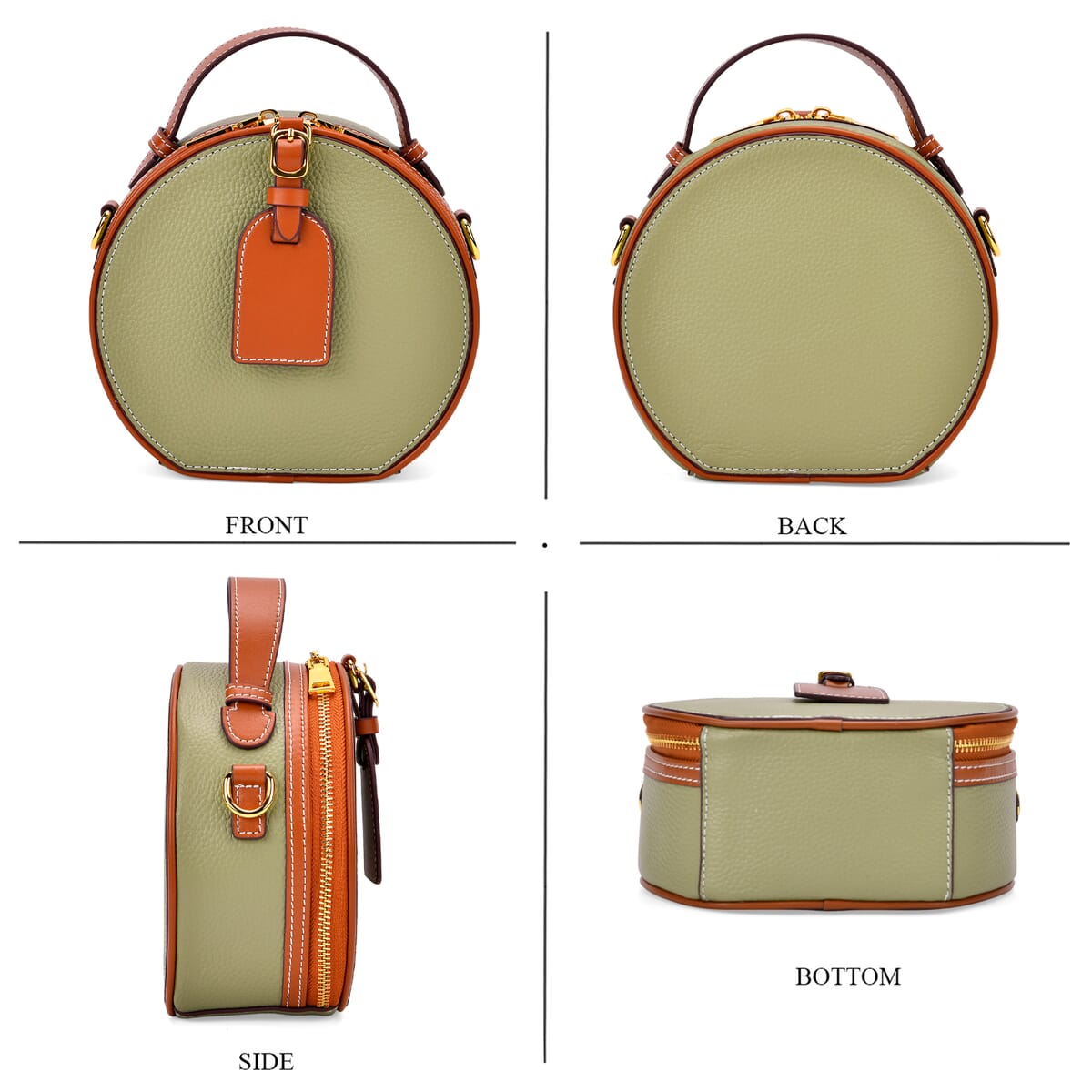 Olive with Tan Chic Round Genuine Leather Crossbody Bag with Detachable Shoulder Strap image number 3