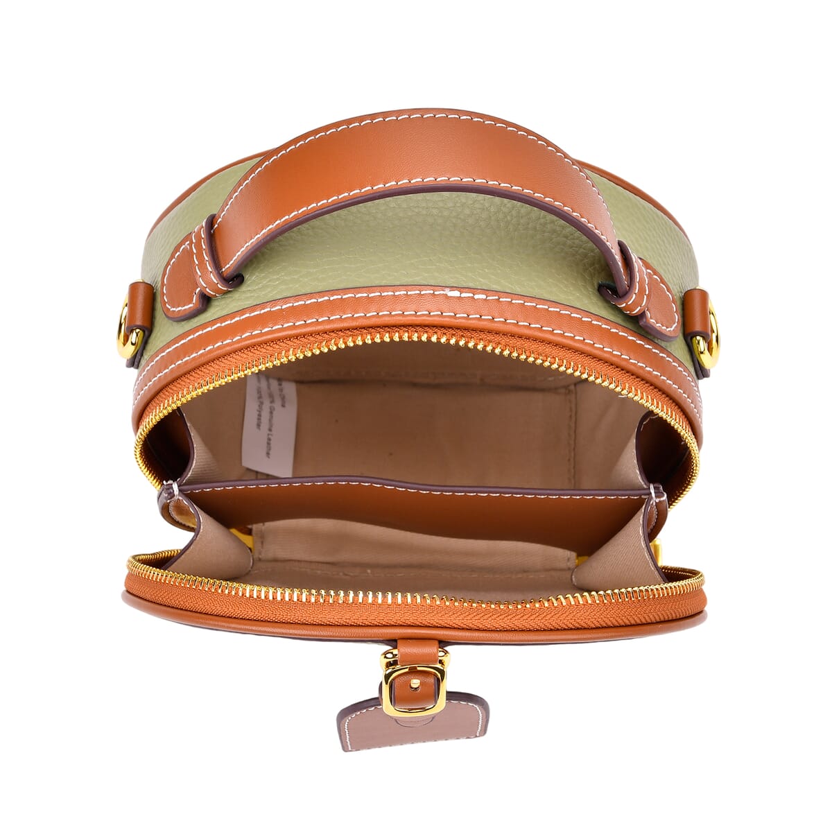 Olive with Tan Chic Round Genuine Leather Crossbody Bag with Detachable Shoulder Strap image number 4