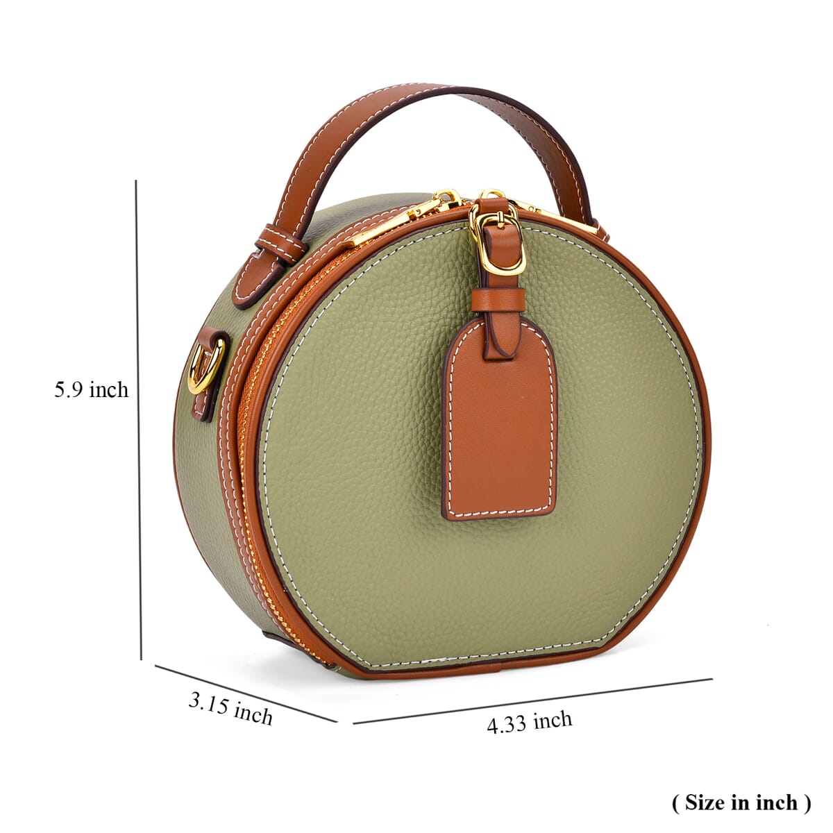 Olive with Tan Chic Round Genuine Leather Crossbody Bag with Detachable Shoulder Strap image number 6