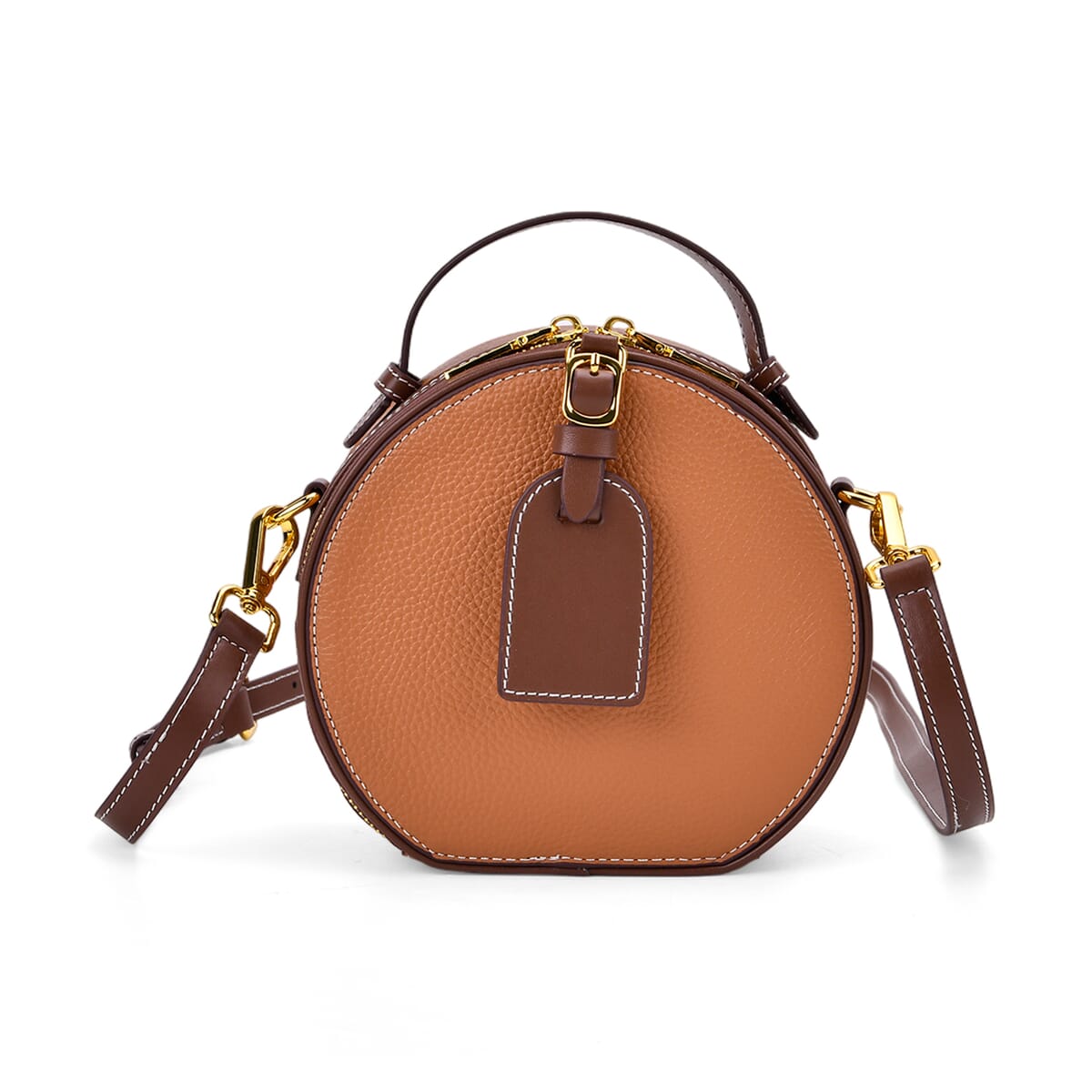 Brown with Coffee Chic Round Genuine Leather Crossbody Bag with Detachable Shoulder Strap image number 0