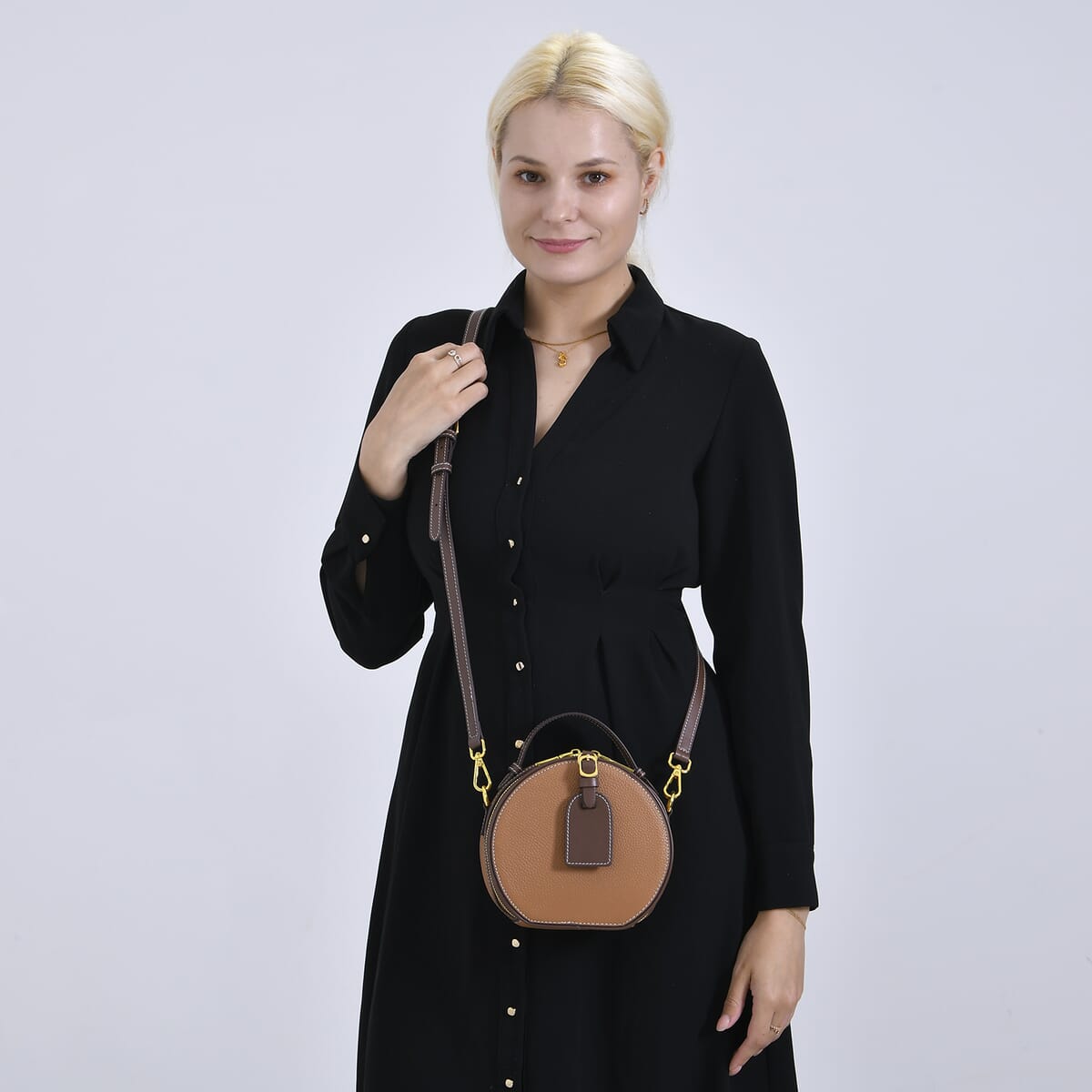 Brown with Coffee Chic Round Genuine Leather Crossbody Bag with Detachable Shoulder Strap image number 1