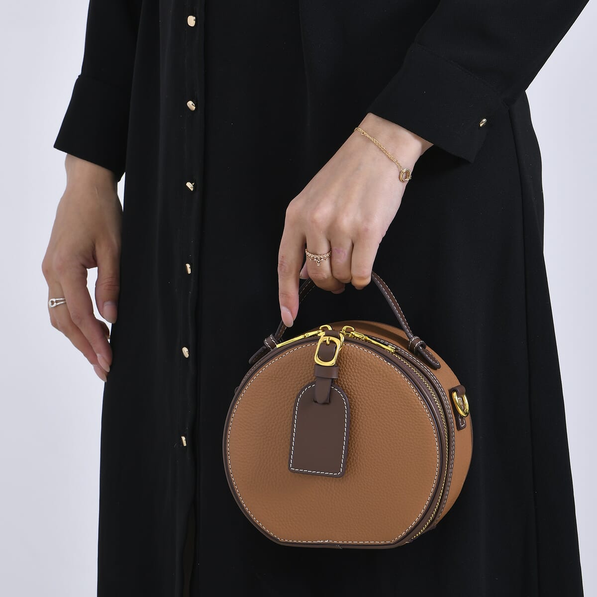 Brown with Coffee Chic Round Genuine Leather Crossbody Bag with Detachable Shoulder Strap image number 2