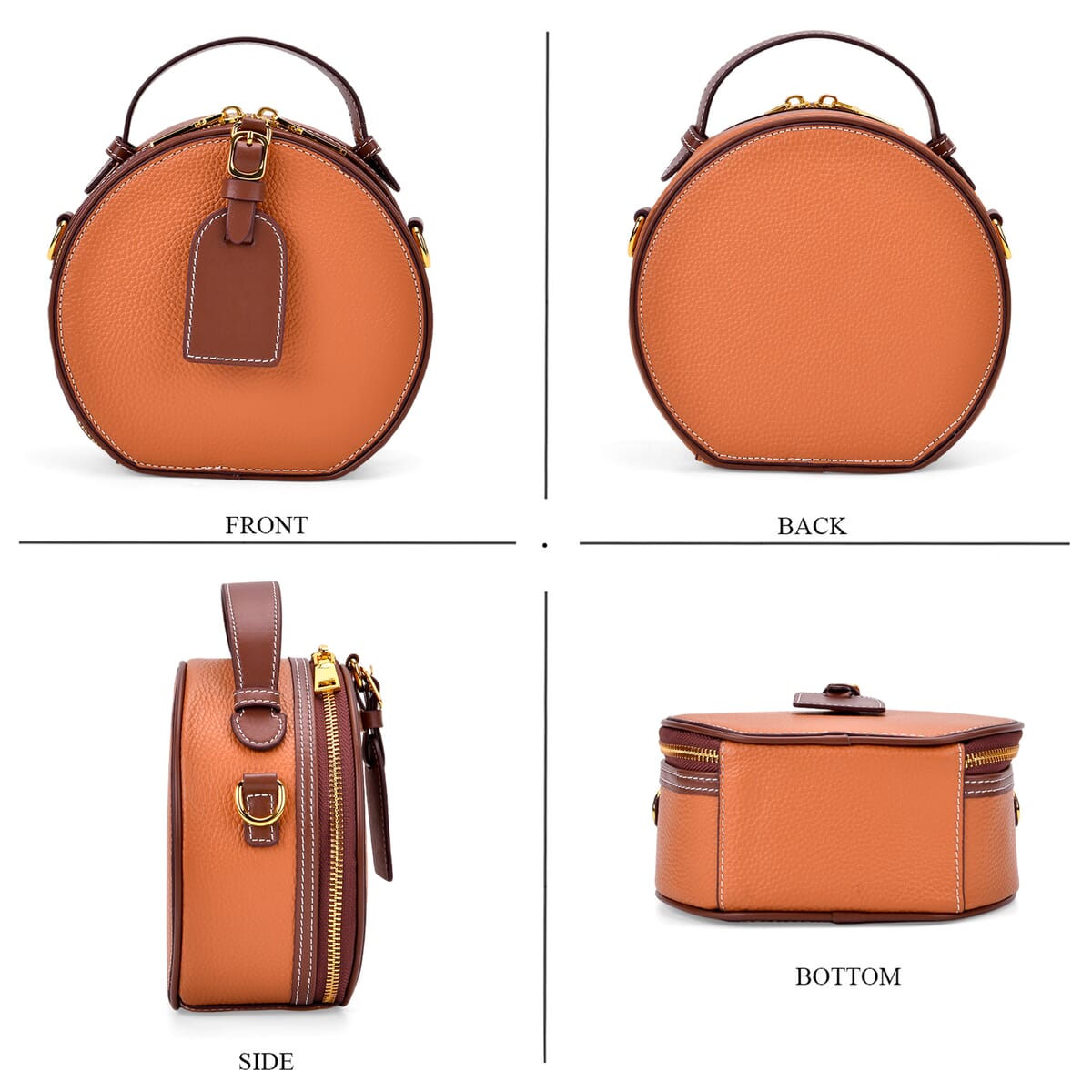 Brown with Coffee Chic Round Genuine Leather Crossbody Bag with Detachable Shoulder Strap image number 3