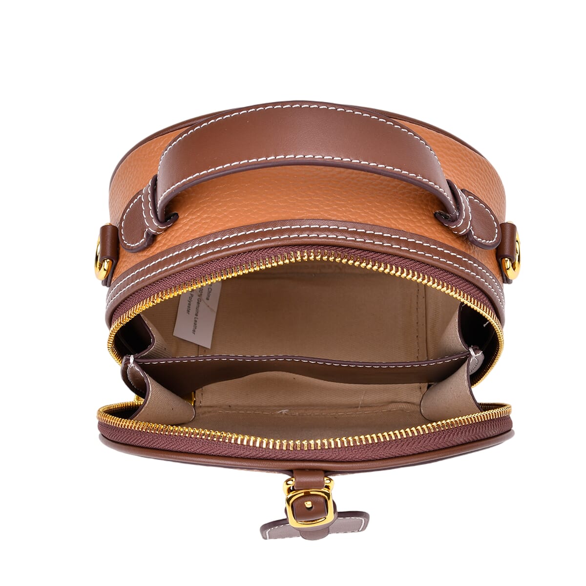 Brown with Coffee Chic Round Genuine Leather Crossbody Bag with Detachable Shoulder Strap image number 4