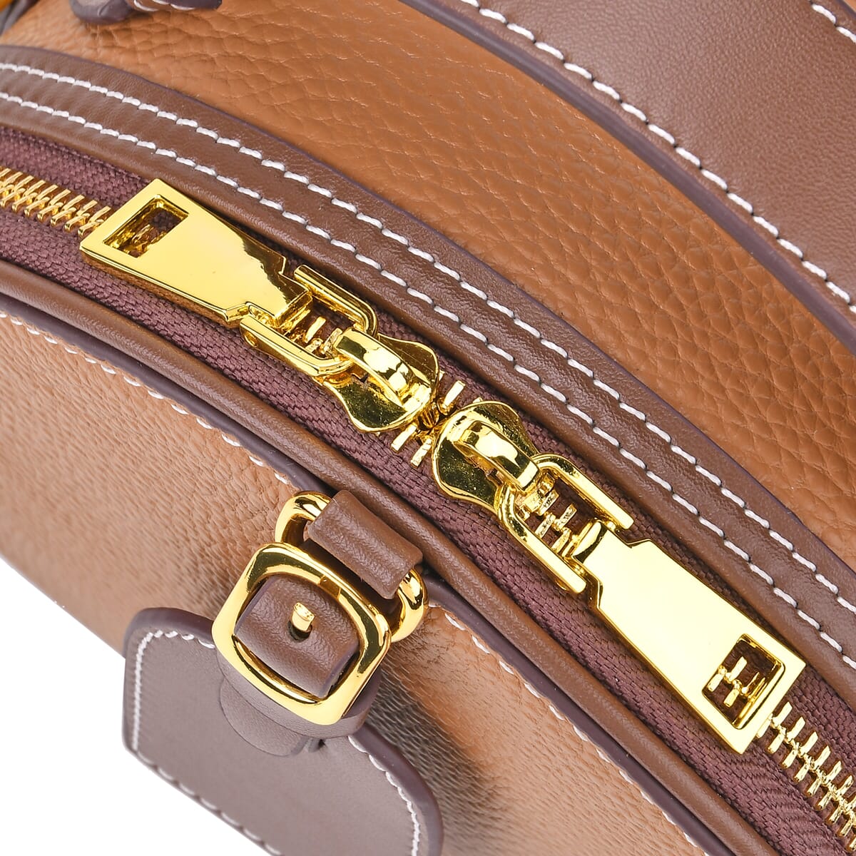 Brown with Coffee Chic Round Genuine Leather Crossbody Bag with Detachable Shoulder Strap image number 5