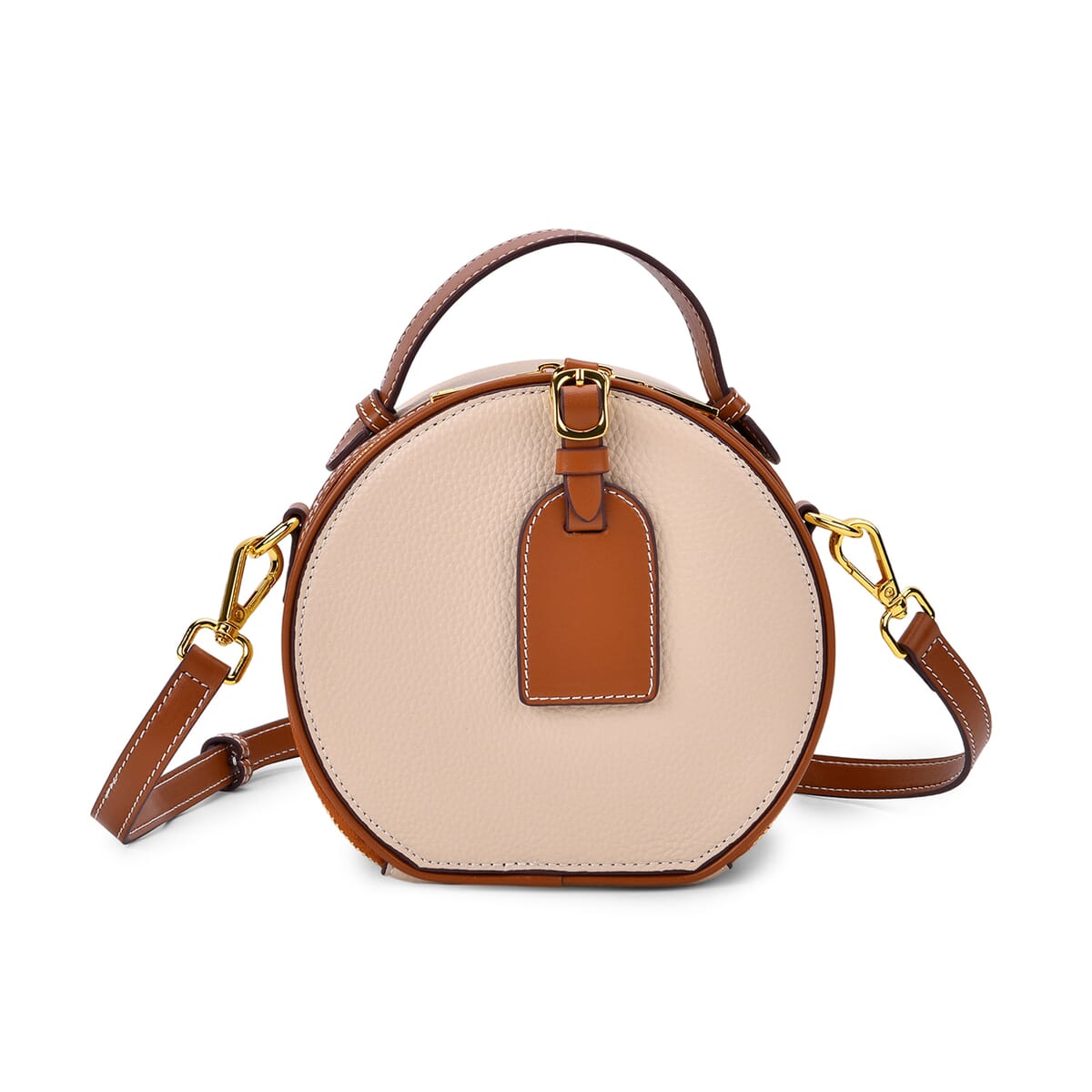 White with Tan Chic Round Genuine Leather Crossbody Bag with Detachable Shoulder Strap image number 0