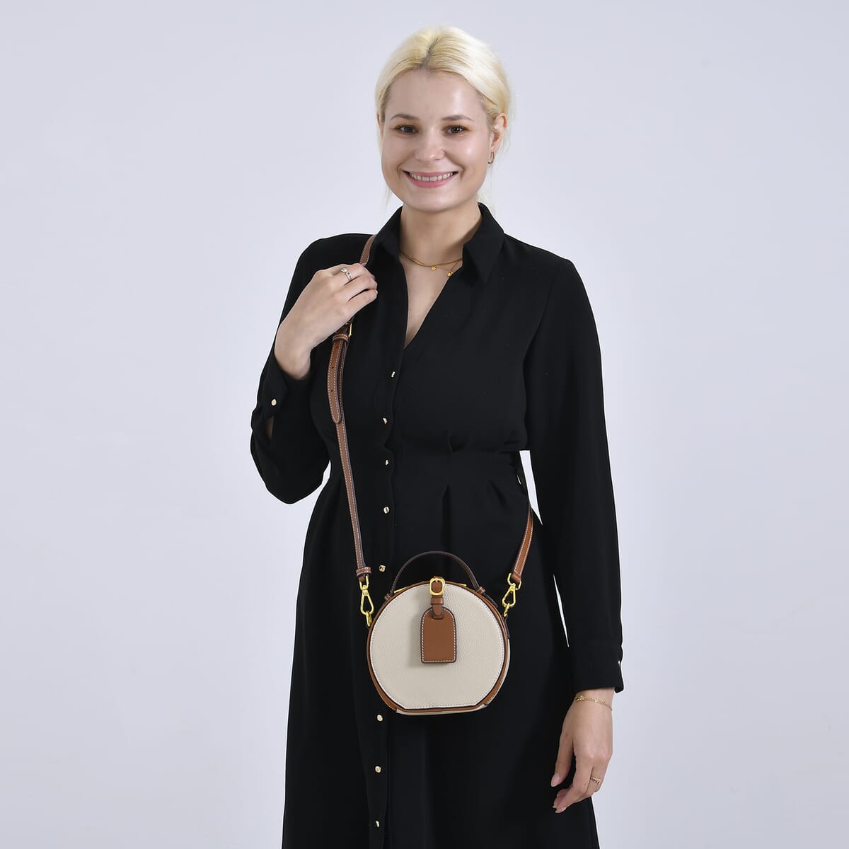 White with Tan Chic Round Genuine Leather Crossbody Bag with Detachable Shoulder Strap image number 1