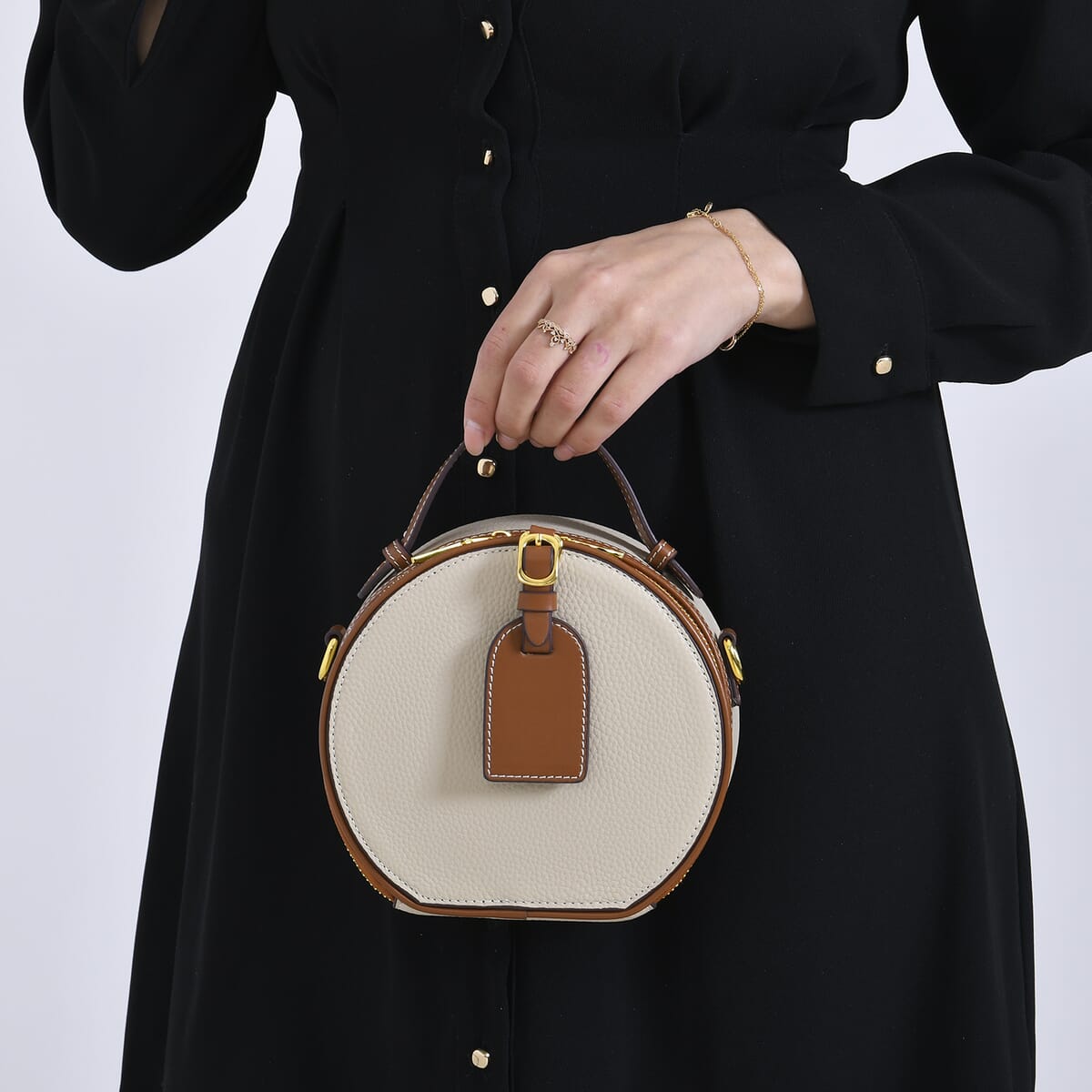 White with Tan Chic Round Genuine Leather Crossbody Bag with Detachable Shoulder Strap image number 2