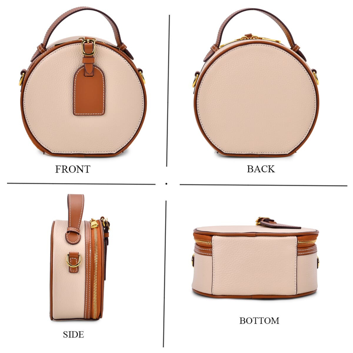 White with Tan Chic Round Genuine Leather Crossbody Bag with Detachable Shoulder Strap image number 3
