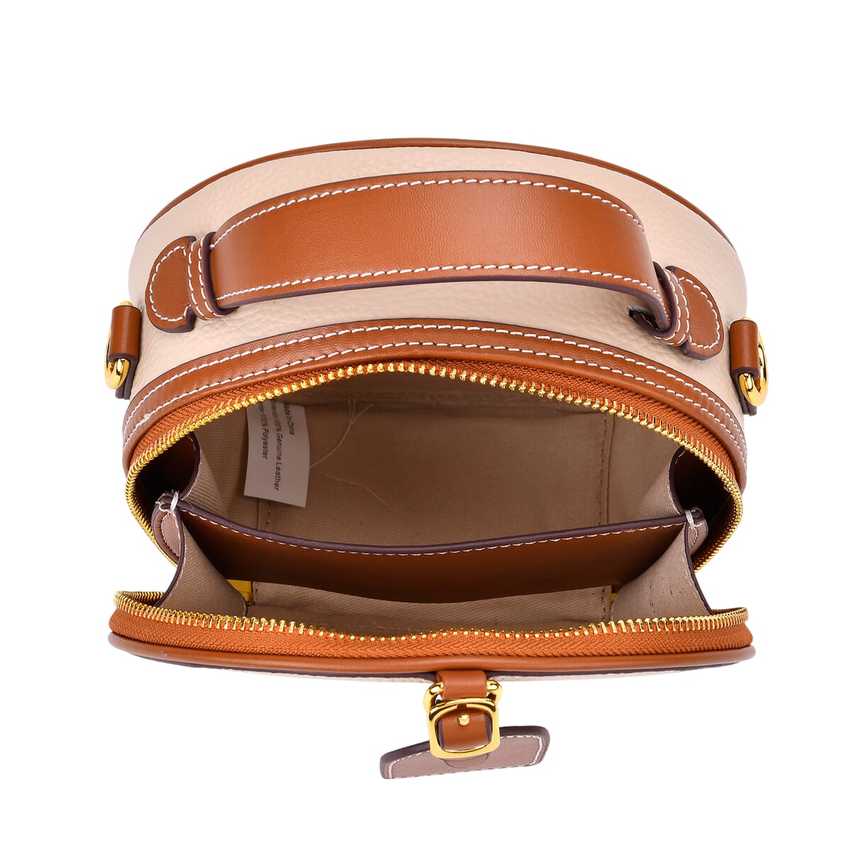 White with Tan Chic Round Genuine Leather Crossbody Bag with Detachable Shoulder Strap image number 4