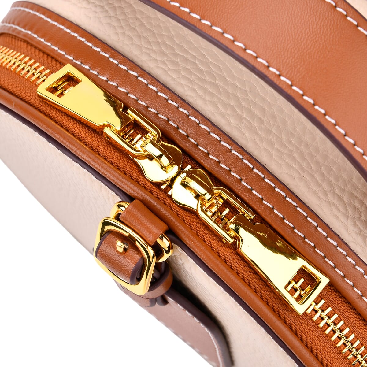 White with Tan Chic Round Genuine Leather Crossbody Bag with Detachable Shoulder Strap image number 5
