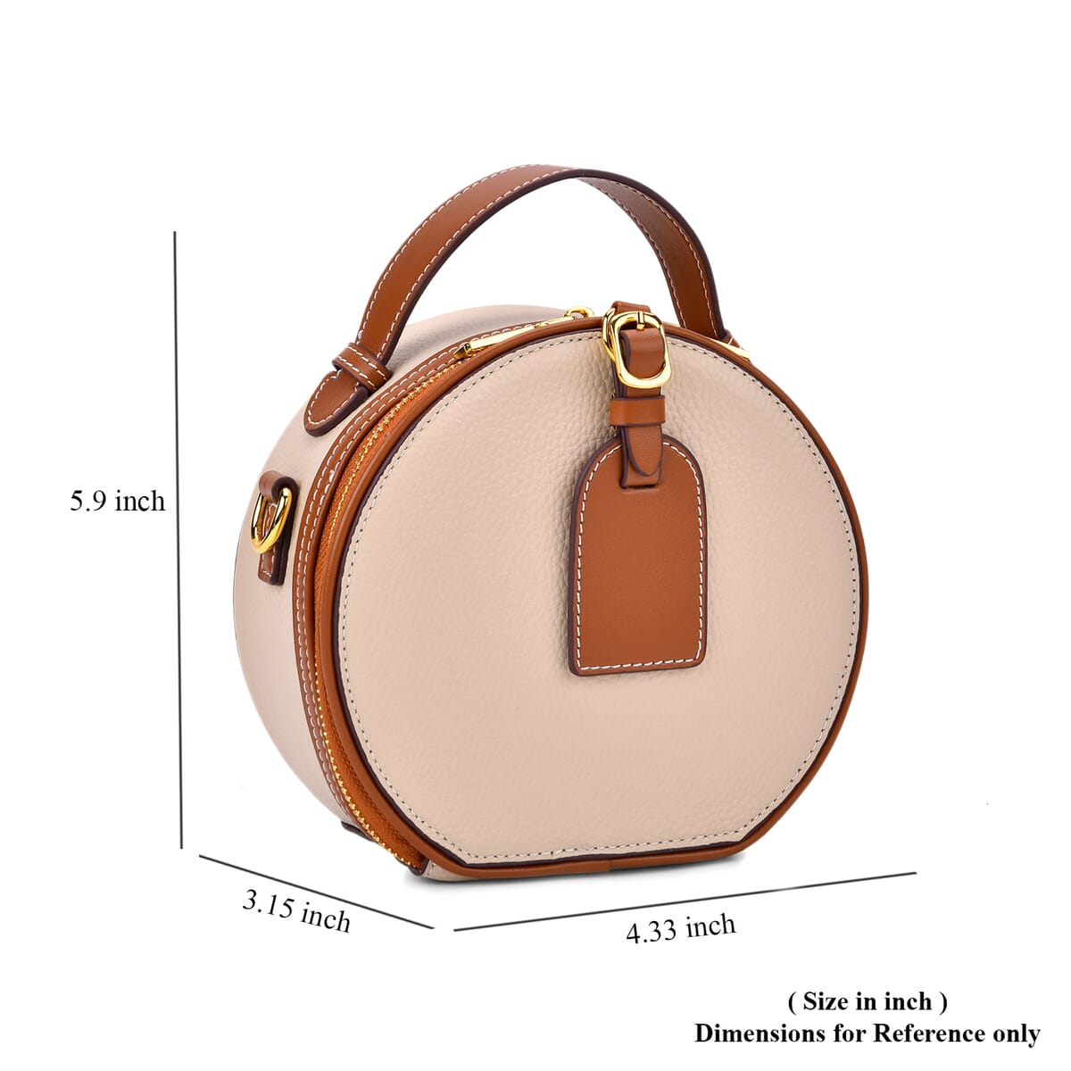 White with Tan Chic Round Genuine Leather Crossbody Bag with Detachable Shoulder Strap image number 6