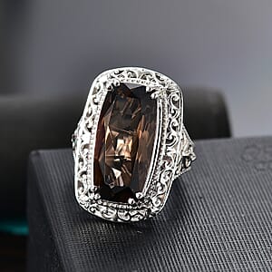 Karis Brazilian Smoky Quartz 13.00 ctw Elongated Elegance Ring in Platinum Bond (Size 7.0)